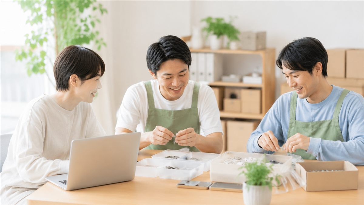数人で和やかに梱包作業に取り組む様子
