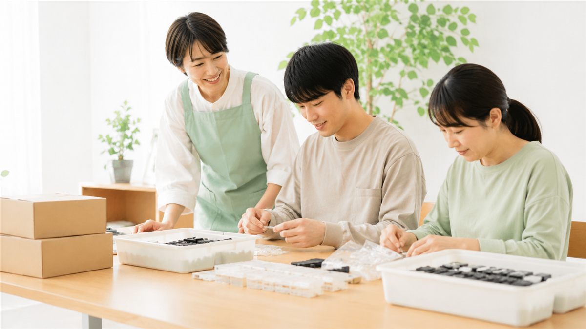 作業を見守りながら一緒に取り組むスタッフと利用者の様子
