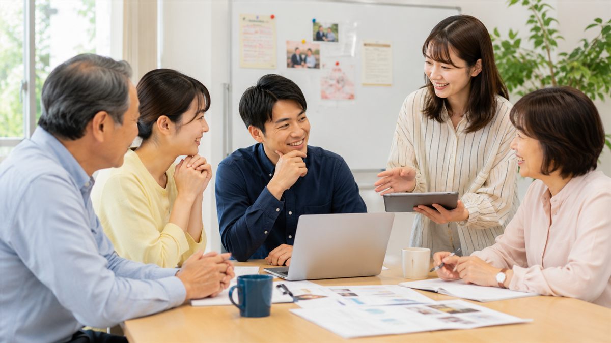 事業所のスタッフが集まり、ホームページのプランについて話し合っている様子