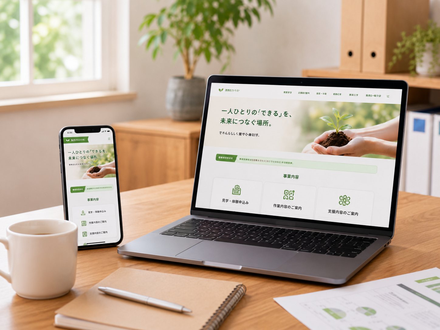 パソコンとスマートフォンに完成したホームページが表示されている様子