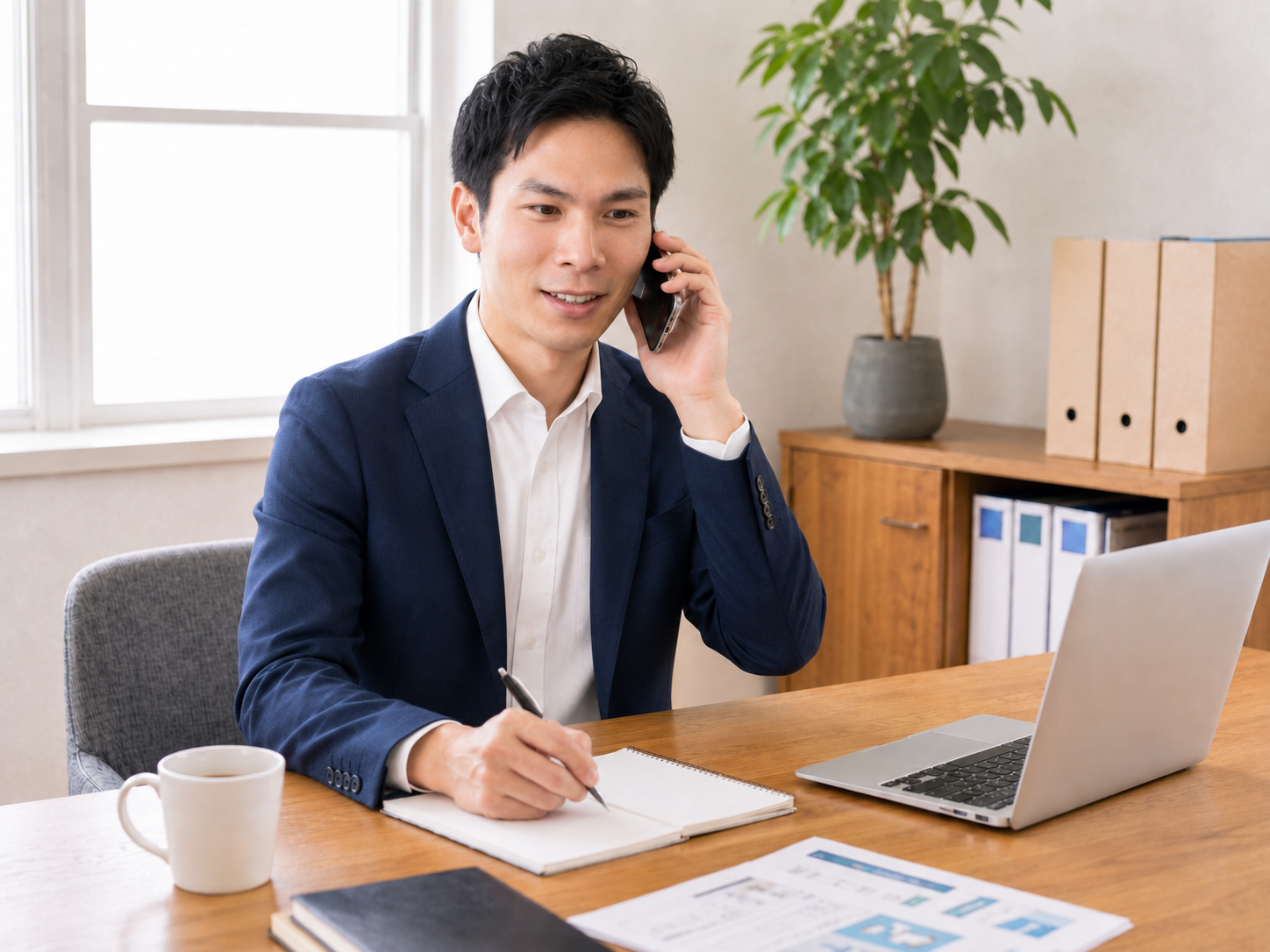 電話で話を聞きながらメモを取っている様子
