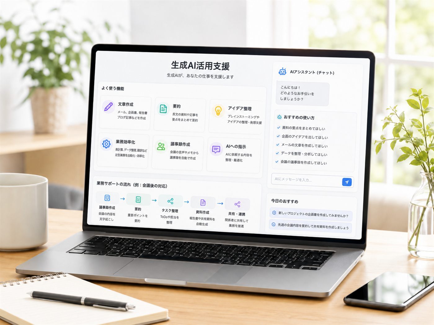 生成AI活用支援の画面が表示されたノートパソコン
