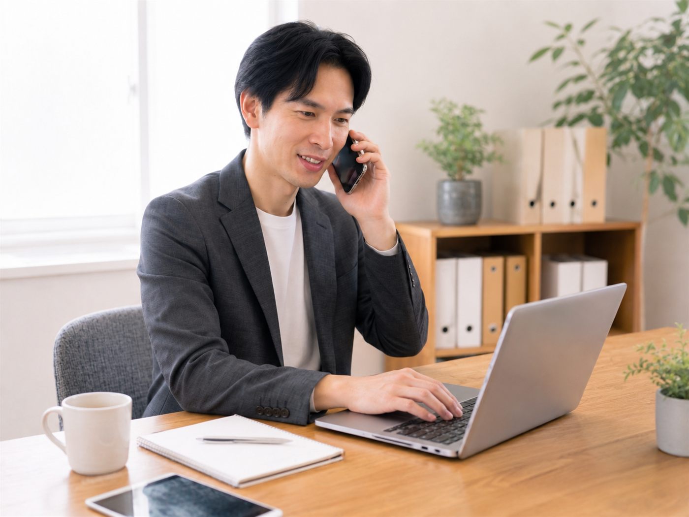 電話でIT相談に対応しながらパソコンで作業している様子